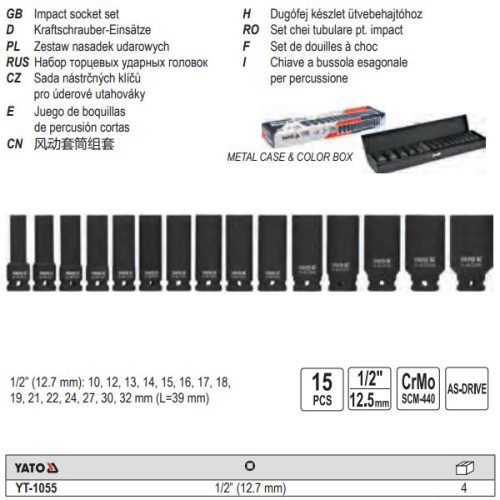 YATO YT-1055 Gépi hosszú dugókulcs készlet 15 részes 1/2" 10-32 mm CrMo