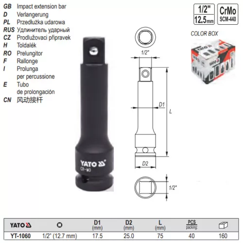 YATO YT-1060 Gépi dugókulcs toldószár 1/2" 75 mm CrMo
