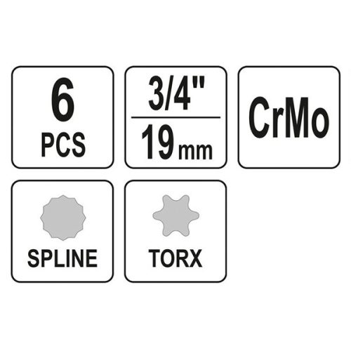 YATO YT-10653 Gépi bit dugókulcs készlet 6 részes Furatos Torx és Spline 3/4 Col CrMo