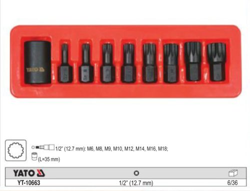 YATO YT-10663 Gépi spline bit készlet 9 részes 1/2" M6-M18 mm dugókulcs adapterrel