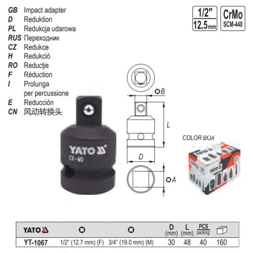 YATO YT-1067 Gépi dugókulcs adapter 1/2" -> 3/4" CrMo