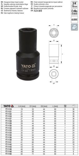 YATO YT-1138 Gépi hosszú dugókulcs 3/4" 38 mm CrMo