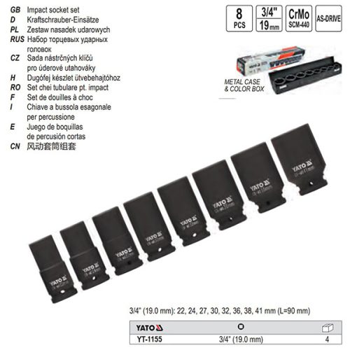 YATO YT-1155 Gépi hosszú dugókulcs készlet 8 részes 3/4" 22-41 mm CrMo