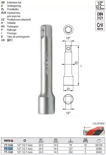 YATO YT-1247 Dugókulcs toldószár 1/2" 127 mm CrV