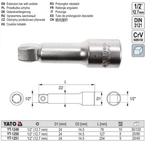 YATO YT-1249 Dugókulcs toldószár csuklós 1/2" 76 mm CrV