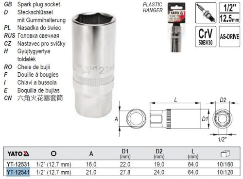YATO YT-12541 Gyertyakulcs 1/2" 21 mm / 64 mm CrV