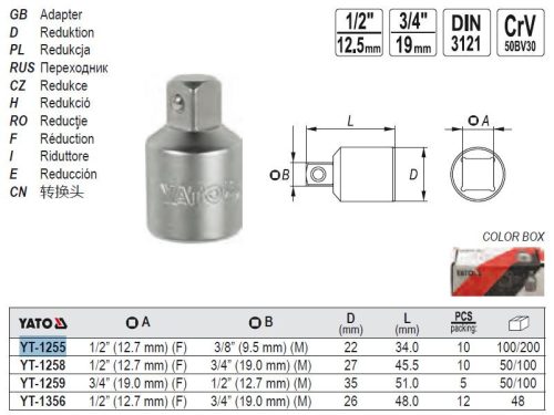 YATO YT-1255 Dugókulcs adapter 1/2" -> 3/8" CrV