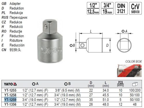 YATO YT-1259 Dugókulcs adapter 3/4" -> 1/2" CrV