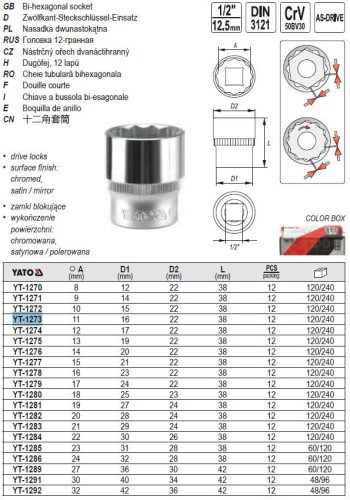 YATO YT-1273 Dugókulcs 12 szögletű 1/2" 11 mm CrV