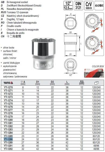 YATO YT-1286 Dugókulcs 12 szögletű 1/2" 24 mm CrV