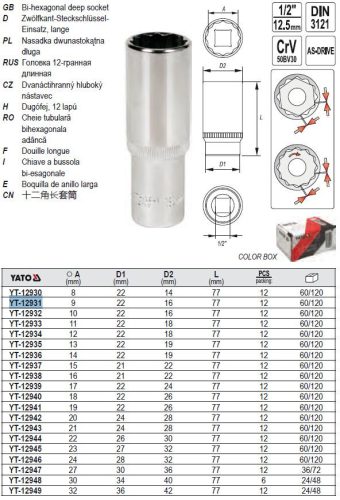 YATO YT-12931 Hosszú dugókulcs 12 szögletű 1/2" 9 mm CrV