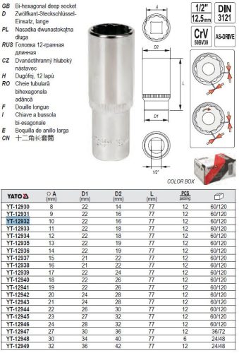 YATO YT-12932 Hosszú dugókulcs 12 szögletű 1/2" 10 mm CrV