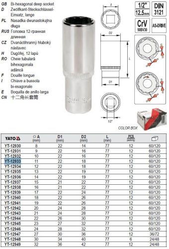 YATO YT-12933 Hosszú dugókulcs 12 szögletű 1/2" 11 mm CrV
