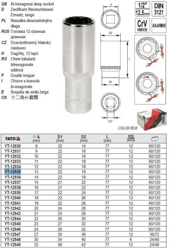 YATO YT-12935 Hosszú dugókulcs 12 szögletű 1/2" 13 mm CrV
