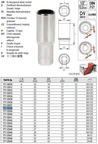 YATO YT-12938 Hosszú dugókulcs 12 szögletű 1/2" 16 mm CrV