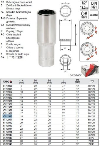 YATO YT-12940 Hosszú dugókulcs 12 szögletű 1/2" 18 mm CrV