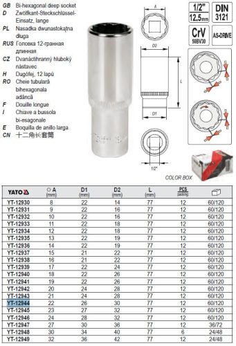 YATO YT-12944 Hosszú dugókulcs 12 szögletű 1/2" 22 mm CrV