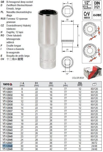 YATO YT-12948 Hosszú dugókulcs 12 szögletű 1/2" 30 mm CrV