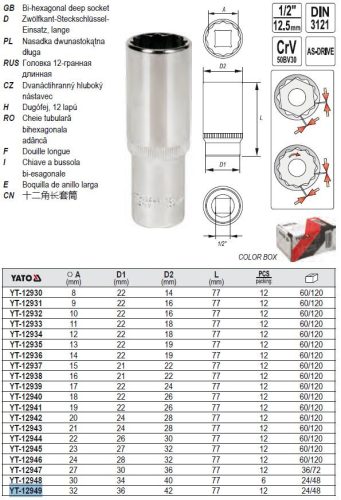 YATO YT-12949 Hosszú dugókulcs 12 szögletű 1/2" 32 mm CrV