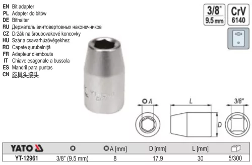 YATO YT-12961 Bithegy-tartó adapter 3/8 Col négyszög - 5/16 col (8mm) Hex