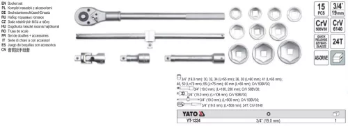 YATO YT-1334 Dugókulcs készlet 15 részes 3/4" 30-60 mm CrV