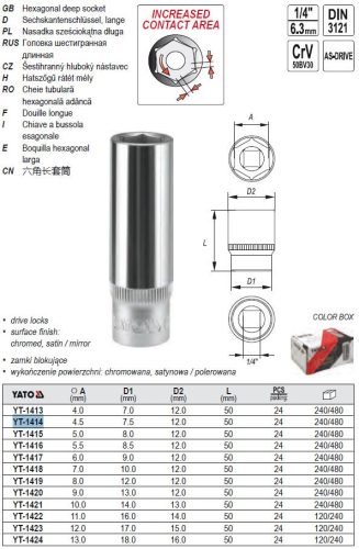YATO YT-1414 Hosszú dugókulcs 1/4" 4,5 mm CrV