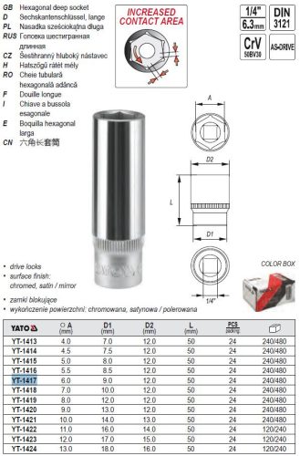 YATO YT-1417 Hosszú dugókulcs 1/4" 6 mm CrV