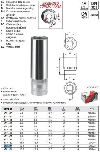 YATO YT-1423 Hosszú dugókulcs 1/4" 12 mm CrV