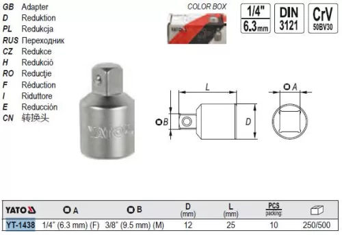 YATO YT-1438 Dugókulcs adapter 1/4" -> 3/8" CrV