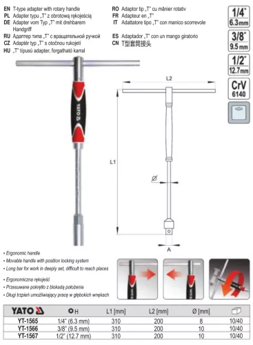YATO YT-1565 T-hajtószár 1/4" x 310 mm forg. nyéllel CrV