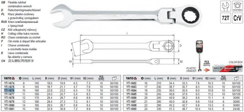 YATO YT-1676 Racsnis csuklós csillag-villáskulcs 10 mm / 160 mm 72T CrV