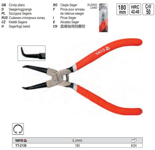 YATO YT-2139 Seeger fogó 180 mm belső hajlított