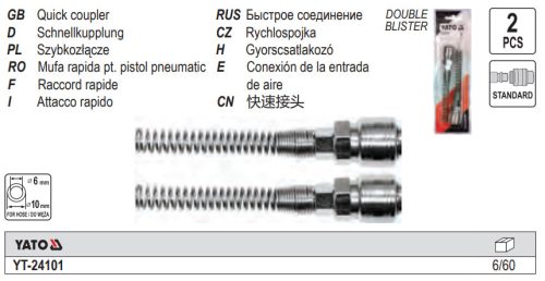 YATO YT-24101 Pneumatikus tömlő gyorscsatlakozó hüvely 1/4" csővéggel 6 x 10 mm