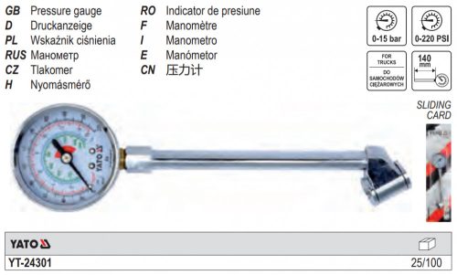 YATO YT-24301 Keréknyomásmérő tehergépkocsikhoz 0-15 bar
