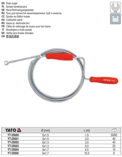 YATO YT-25000 Csőtisztító spirál 1,5 m/ 5 mm