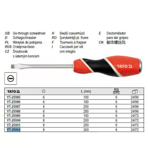YATO YT-25992 Csavarhúzó üthető lapos 8 x 300 mm