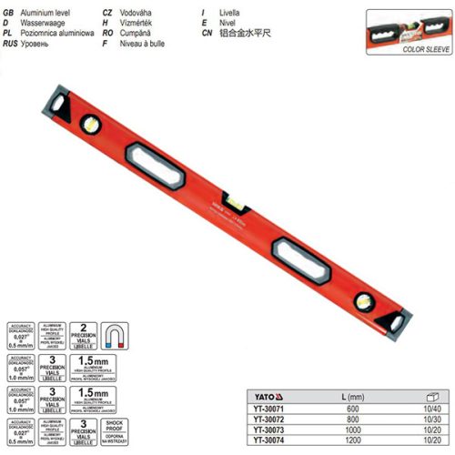 YATO YT-30074 Vízmérték 3 libella 2 fogantyú 1200 mm