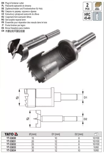 YATO YT-33830 Forstner és dugózó fúró készlet 2 részes 15 mm