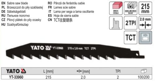 YATO YT-33960 Szablyafűrészlap 215 mm/2TPI TCT