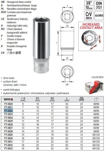YATO YT-3822 Hosszú dugókulcs 3/8" 8 mm CrV