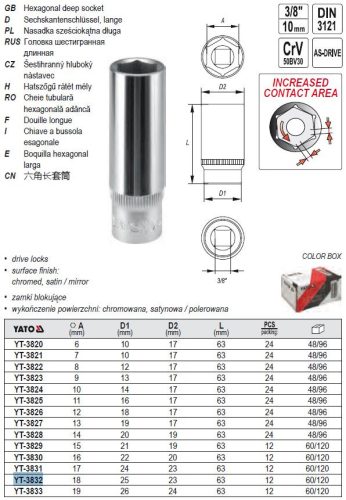 YATO YT-3832 Hosszú dugókulcs 3/8" 18 mm CrV