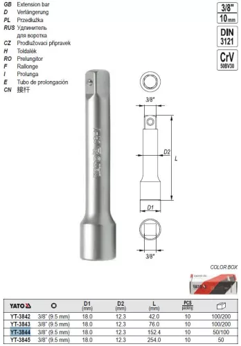 YATO YT-3844 Dugókulcs toldószár 3/8" 152,4 mm CrV