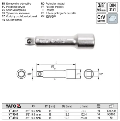 YATO YT-3848 Toldószár 3/8" 152,4 mm DIN3121 CrV