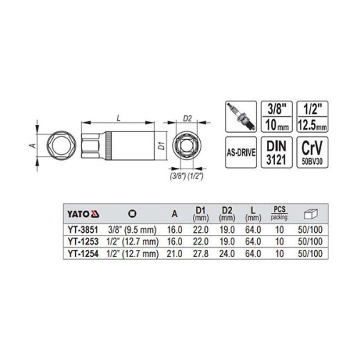 YATO YT-3851 Gyertyakulcs 3/8" 16 mm / 64 mm CrV