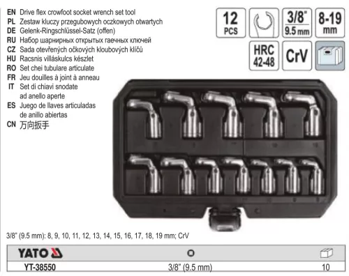 YATO YT-38550 Nyitott csillag-dugókulcs készlet 12 részes 3/8" 8-19 mm CrV