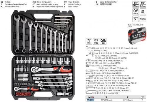 YATO YT-38781 Dugókulcs készlet 77 részes 1/4", 1/2" CrV