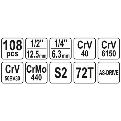 YATO YT-38791 Dugókulcs készlet 108 részes 1/4", 1/2" CrV