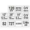 YATO YT-38801 Dugókulcs készlet 120 részes 1/4", 3/8", 1/2" CrV