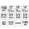 YATO YT-38811 Dugókulcs készlet 150 részes 1/4", 3/8", 1/2" CrV