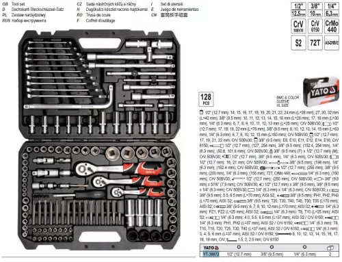 YATO YT-38872 Dugókulcs készlet 128 részes 1/4", 3/8", 1/2" CrV